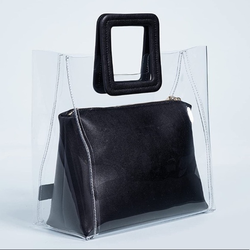 STAUD Medium Shirley PVC Bag with Removable Leather Zip Pouch (Black)